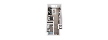 A top down view of a small apartment with a bed, a desk, and a couch.
