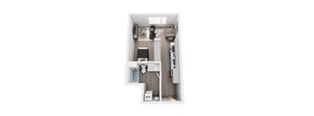 A top down view of a small apartment with a kitchen, living room and bathroom.