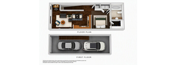 A floor plan of a house with a first floor and a separate garage for two cars.