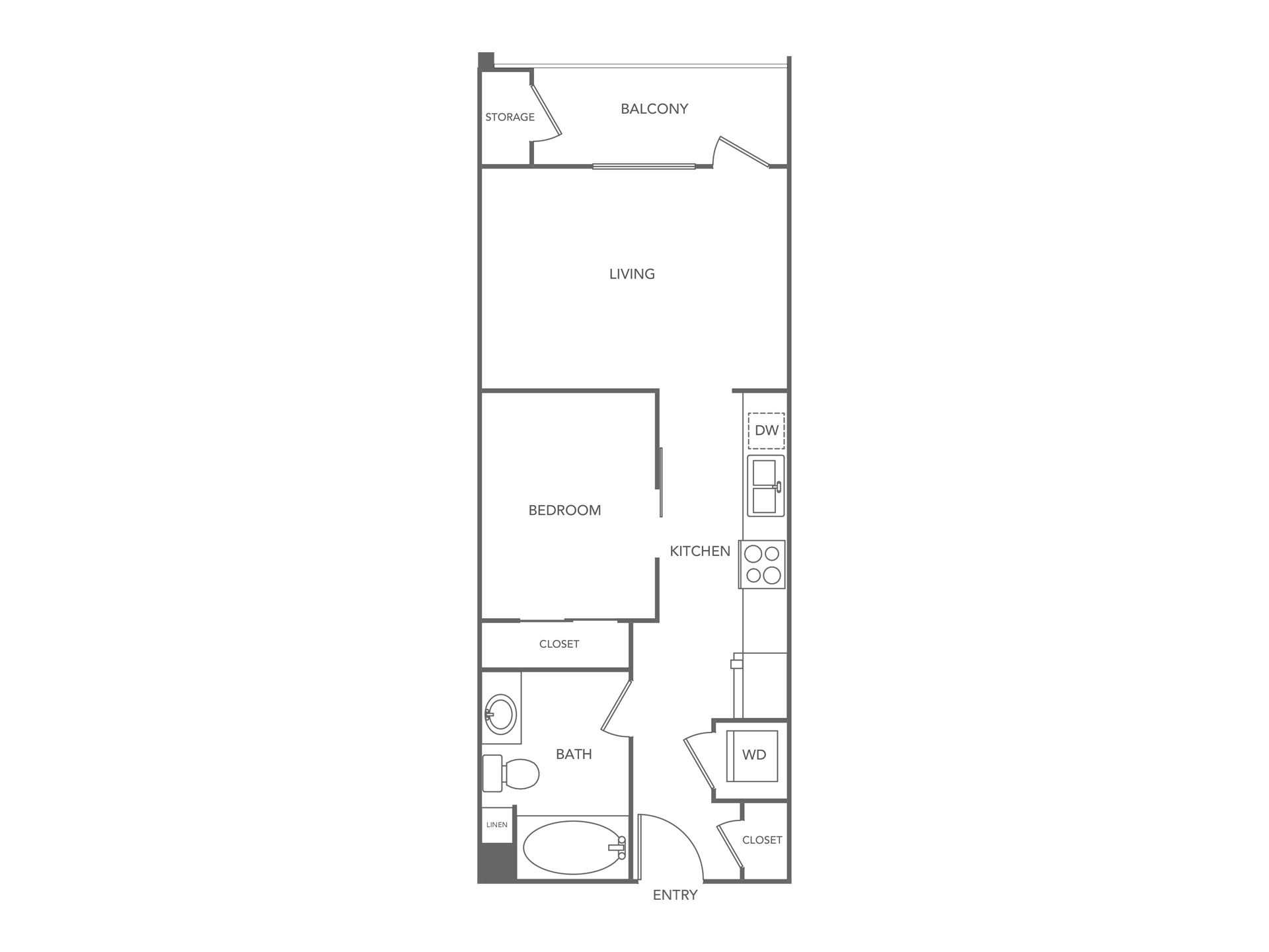A floor plan of a house with a living room, bedroom, and kitchen.