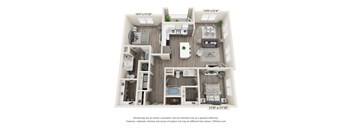 A 3D floor plan of a small apartment with a kitchen, living room, and bedroom.