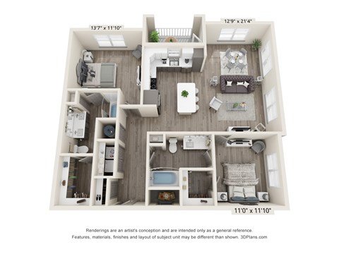 A 3D floor plan of a small apartment with a kitchen, living room, and bedroom.