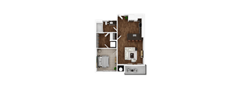 A top-down view of a small apartment with a kitchen, living room, and bathroom.