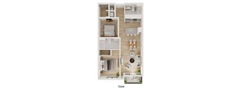 A floor plan of a dock apartment with a kitchen, living room, and two bedrooms.