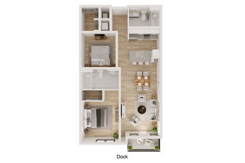 A floor plan of a dock apartment with a kitchen, living room, and two bedrooms.