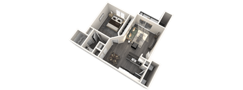 A 3D floor plan of a house with a kitchen, living room, and two bedrooms.