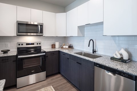 A modern kitchen with a stainless steel dishwasher and oven.