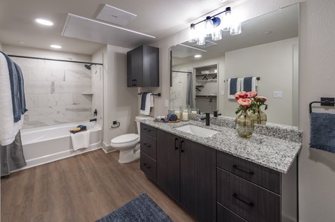 A bathroom with a toilet, sink, and mirror.