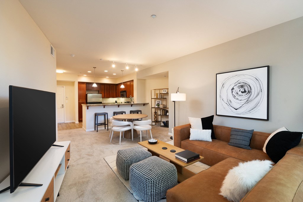 a living room and kitchen with a couch and a tv