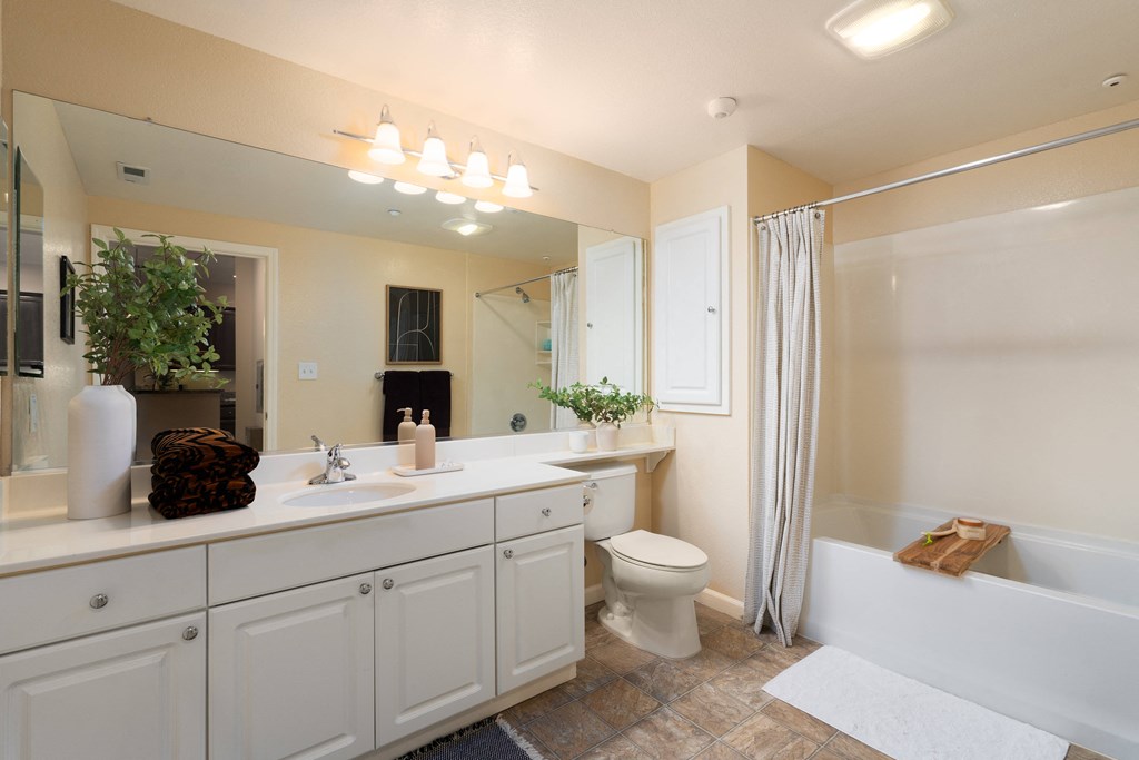 a bathroom with a large mirror and a sink and a toilet