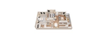 A 3D floor plan of a house with a kitchen, living room, and two bedrooms.