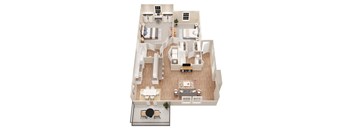 A top-down view of a house interior with a living room, kitchen, and dining area.