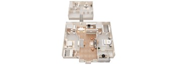 A 3D floor plan of a house with a living room, kitchen, dining room, and bedrooms.