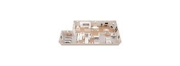 A top-down view of a house interior with a kitchen, living room, and bedrooms.