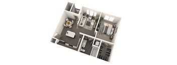 A 3D floor plan of a house with a kitchen, living room, dining room, and bedrooms.