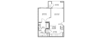 A floor plan of a small apartment with a bedroom, living room, bathroom, kitchen, and closet.