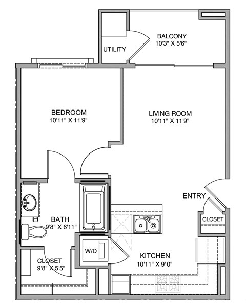 A floor plan of a small apartment with a bedroom, living room, bathroom, kitchen, and closet.