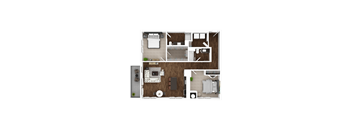 A floor plan of a two-bedroom apartment with a living room, kitchen, and bathroom.