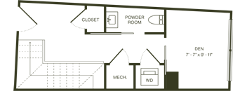A floor plan of a room with a closet, powder room, and a den.