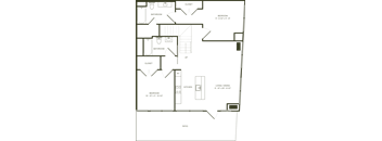 A floor plan of a house with two bedrooms, a bathroom, a kitchen, a living/dining area, and a patio.