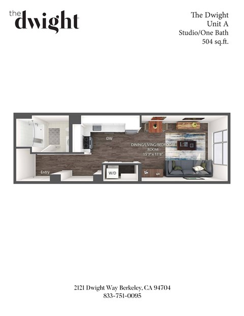 A floor plan of a one bedroom apartment at The Dwight.
