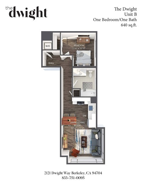 A floor plan of a one bedroom/one bath apartment at The Dwight.