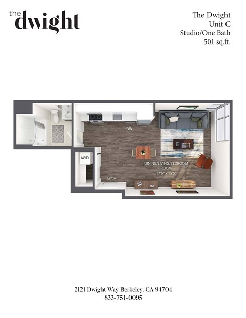 A floor plan of a one bedroom apartment at The Dwight Studio.