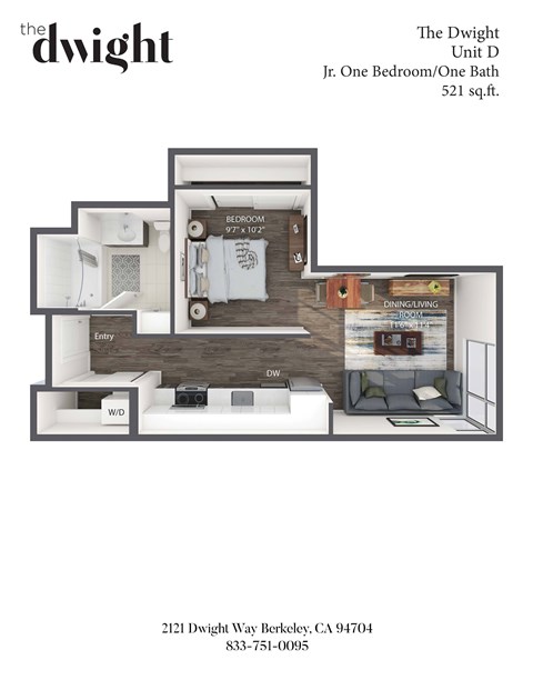 A floor plan for a one bedroom, one bath apartment at The Dwight.