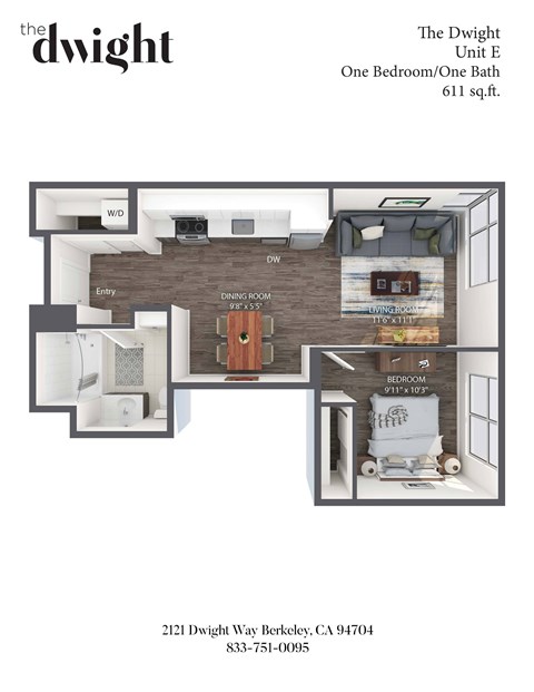 A floor plan for a one bedroom, one bath apartment at The Dwight.