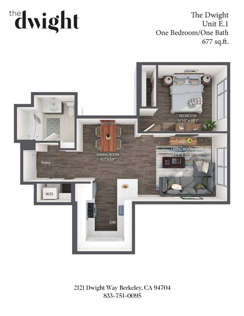 A floor plan of a one bedroom, one bath apartment at The Dwight.