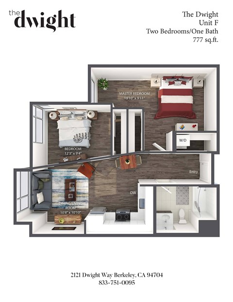 A floor plan for a two bedroom, one bath apartment at The Dwight.