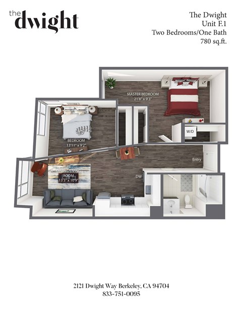 A floor plan of a one-bedroom apartment with a master bedroom and a living area.