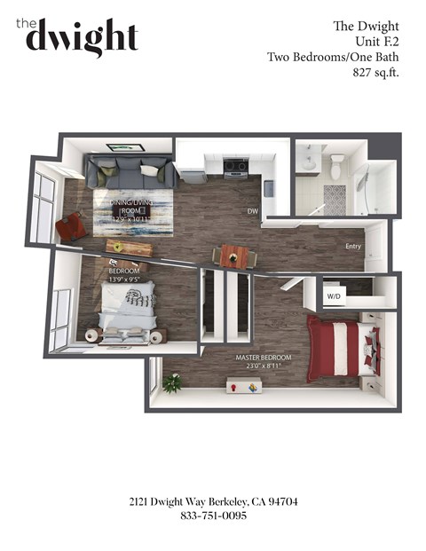 A floor plan for a two bedroom, one bath apartment at The Dwight.
