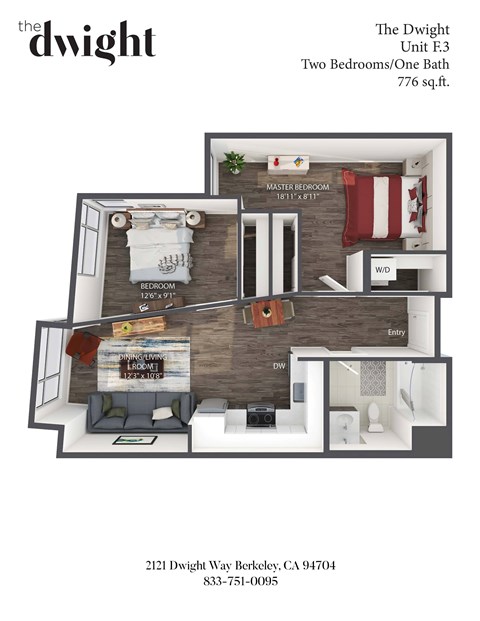 A floor plan of a two bedroom, one bath apartment at The Dwight.