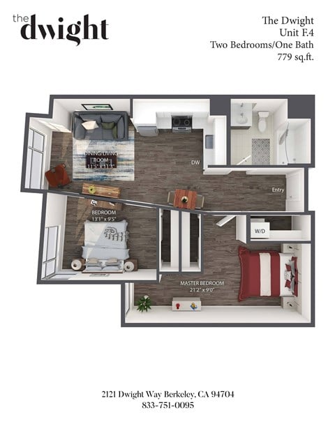 A floor plan of a two bedroom, one bath apartment at The Dwight.
