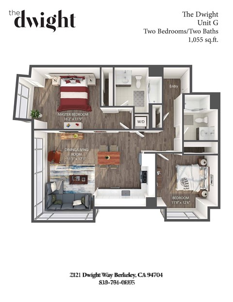 A floor plan of a two bedroom, two bathroom apartment.
