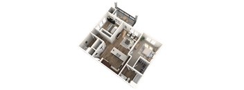 A 3D floor plan of a house with multiple rooms and furniture.