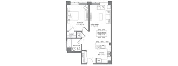 A floor plan of an apartment with a bedroom, living room, dining room, kitchen, bathroom, and two closets.