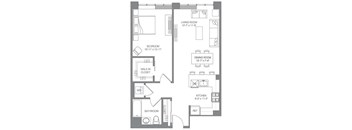 A floor plan of a house with a living room, dining room, kitchen, bedroom, bathroom, and walk-in closet.