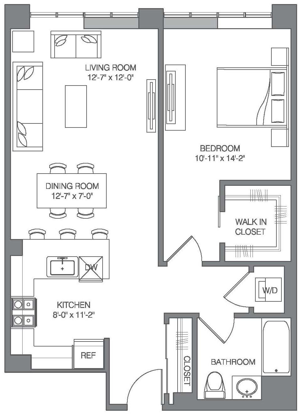A floor plan of a small apartment with a living room, dining room, kitchen, bathroom, and bedroom.