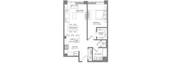 A floor plan of a small apartment with a living room, dining room, kitchen, bedroom, and bathroom.