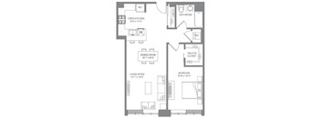 A floor plan of a house with a living room, dining room, kitchen, and bathroom.