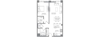 A floor plan of an apartment with a bedroom, living room, dining room, kitchen, bathroom, and walk-in closet.