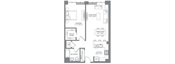 A floor plan of a small apartment with a living room, bedroom, dining room, kitchen, bathroom, and walk-in closet.