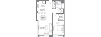A floor plan of a house with a kitchen, living room, dining room, bedroom, bathroom, and walk-in closet.