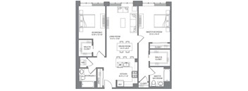 A black and white floor plan of an apartment with labeled rooms.