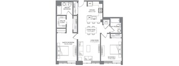 A floor plan of a house with a master bedroom, a living room, a dining room, a kitchen, a bathroom, and a walk-in closet.
