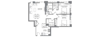 A floor plan of a house with a living room, dining room, kitchen, and three bedrooms.