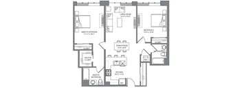 A floor plan of a house with a living room, two bedrooms, a dining room, a kitchen, a master bathroom, a walk-in closet, and a laundry room.