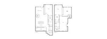 A floor plan of a two-level home with labeled rooms such as a great room, kitchen, and two bedrooms.